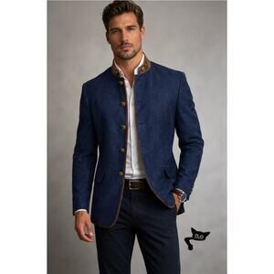 Windsor Men’s Stand-Collar Blue Blazer US 34 (EU 44) Suede Trim